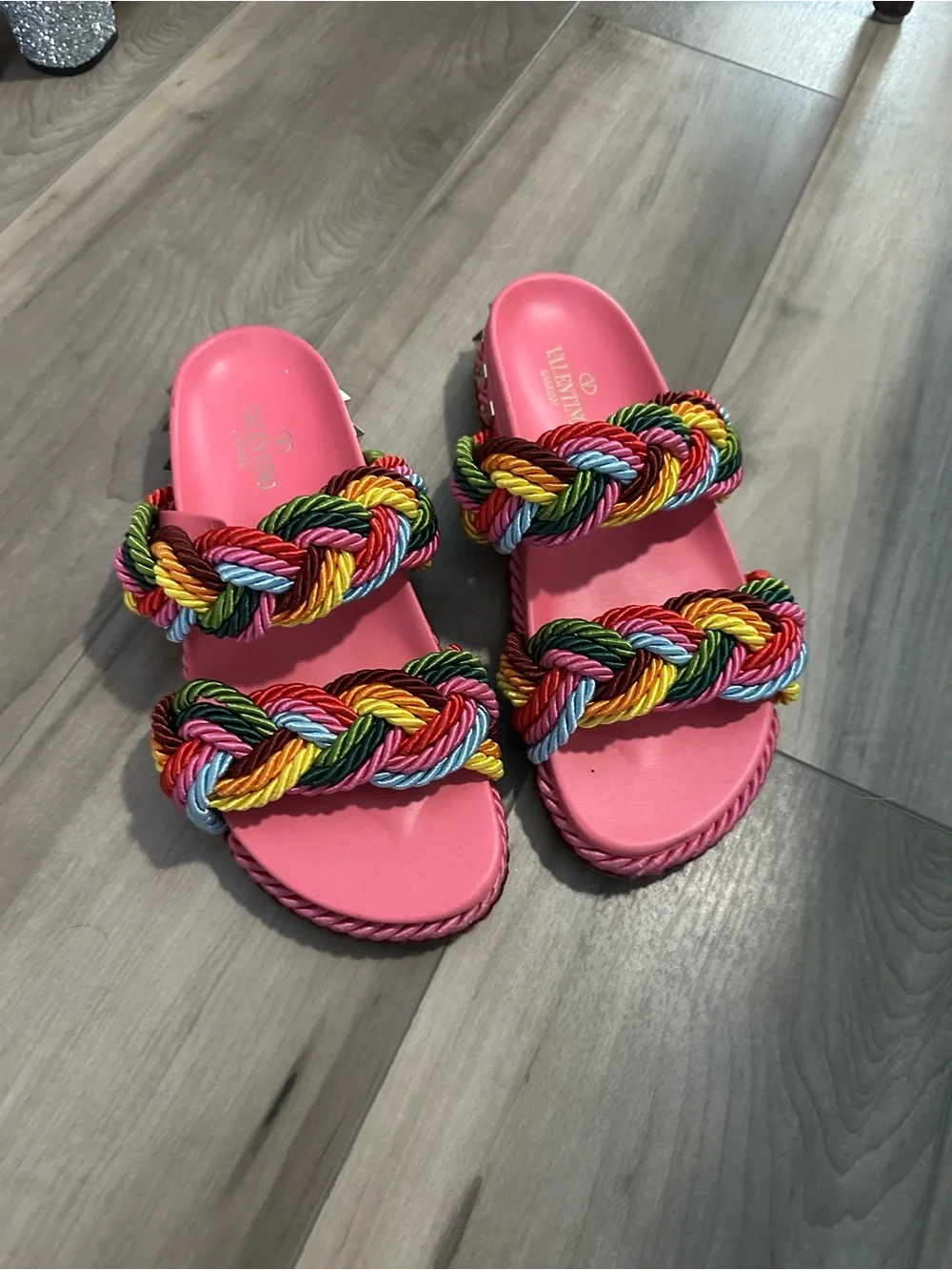 Valentino Pink Slide Sandals with Multicolor Braided Rope Straps